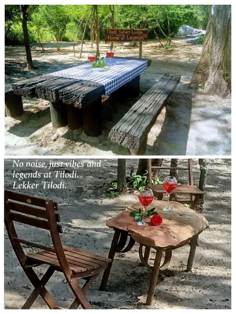 Timber picnic table and bistro table with roses on the campsite