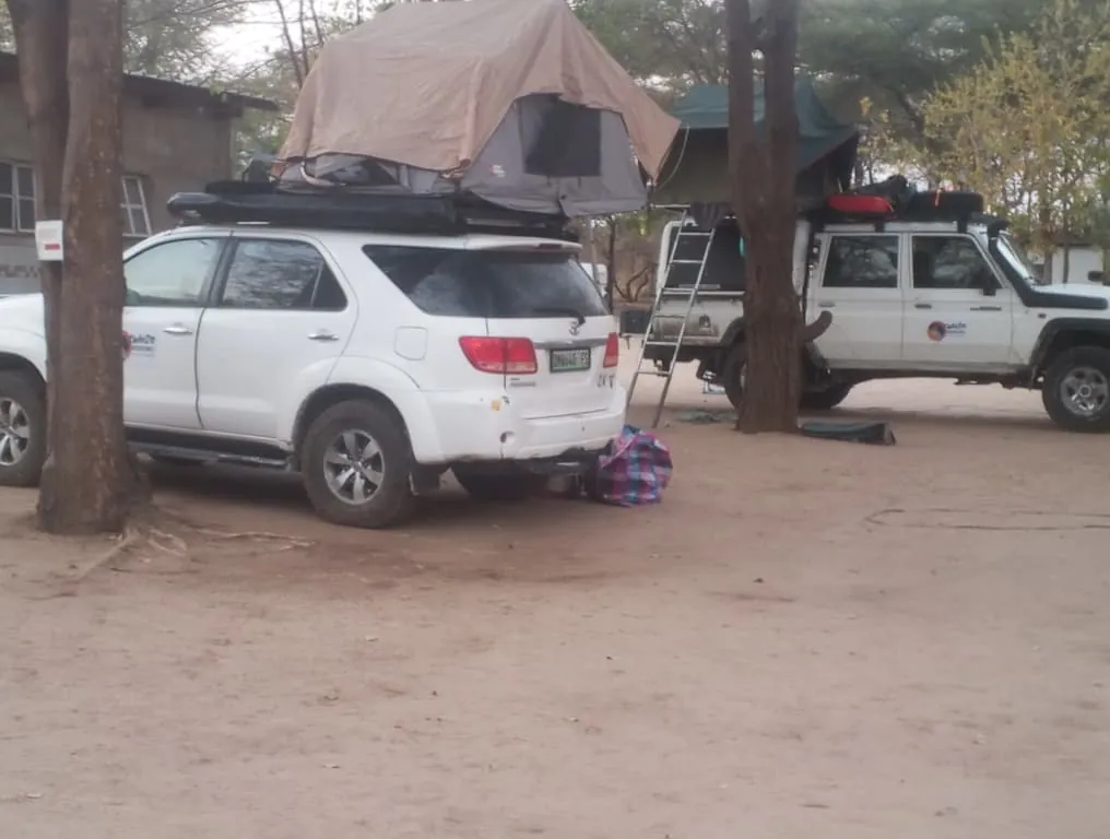 White SUV and a Land Rover with rooftop tents under the trees