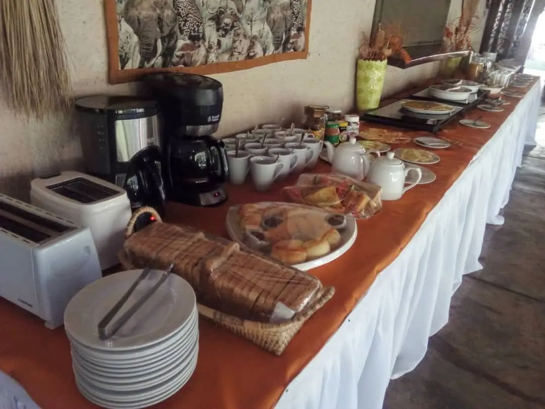 Breakfast buffet with coffee and toast