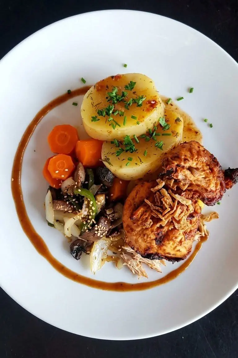 Plated chicken dinner with potatoes and vegetables
