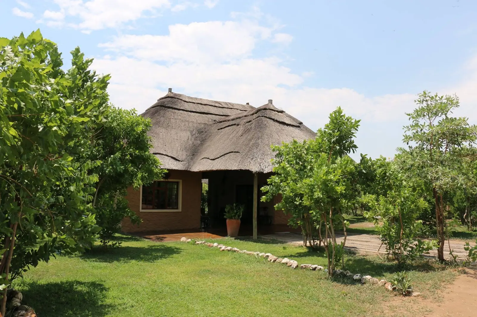 Thatched building with a clay pot at the entrance