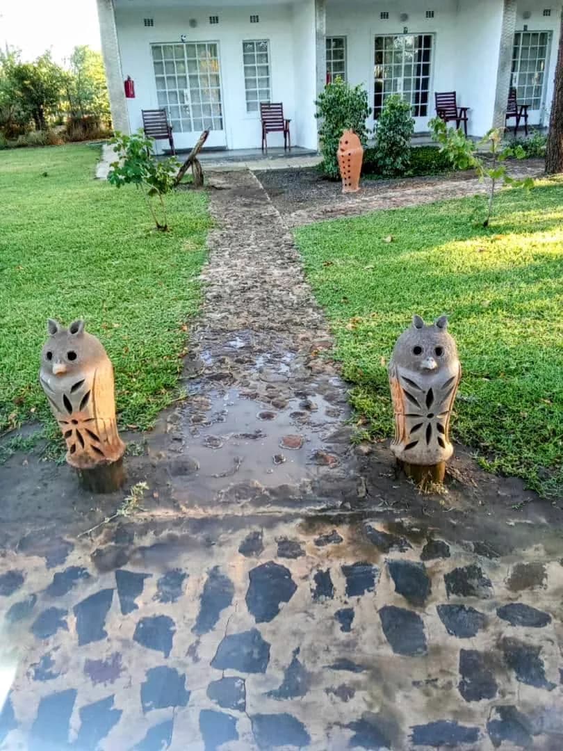 Clay owl lanterns lining the stone path to the lodge rooms