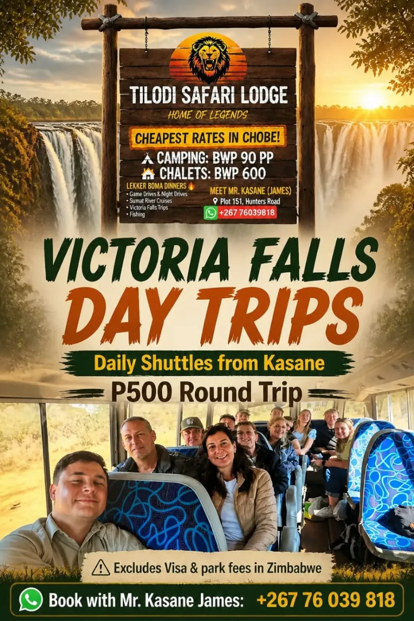 Victoria Falls day trips poster: daily shuttles from Kasane, P500 round trip