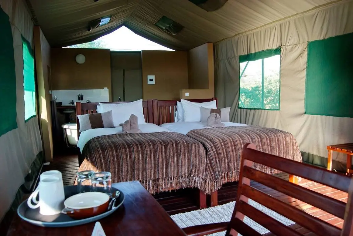 Tented chalet with twin beds and a tea tray