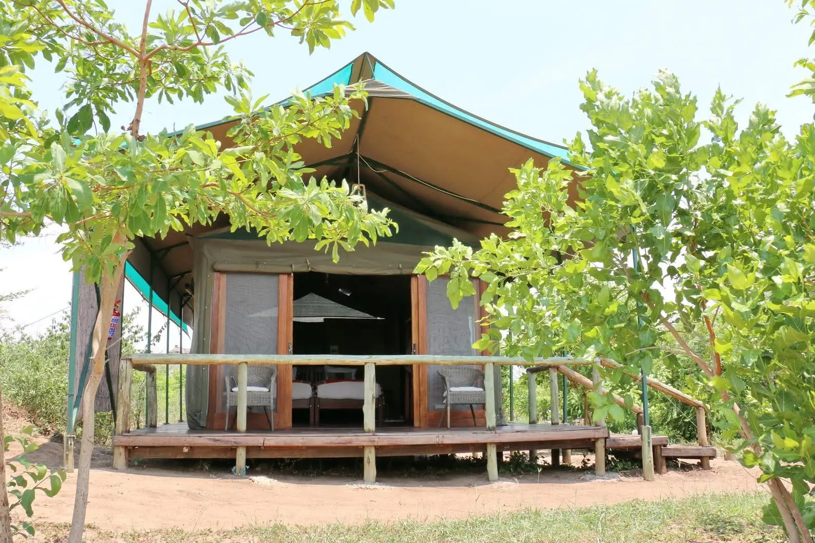 Tented chalet with its wooden deck